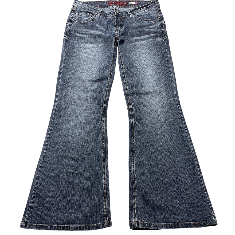 Bongo Jeans Juniors 11 Blue Medium Wash Mid Rise Flare Stretch Denim 32x29.5 Y2K